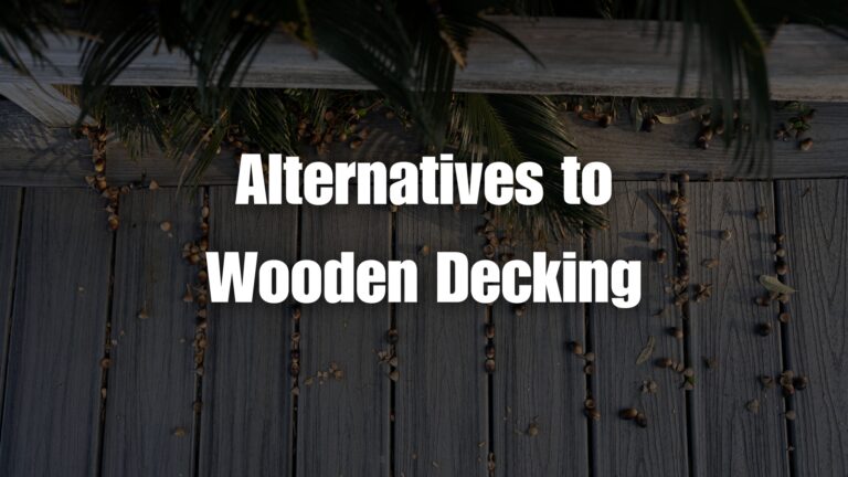 Alternatives to wooden decking shown in composite, PVC, and aluminum deck materials installed on a modern backyard deck.