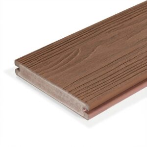 A close-up view of an Eva-Last Eclipse grooved-edge decking board in Autumn Mahogany, showing its warm medium-brown tone and realistic woodgrain texture. The board’s fully capped surface and bamboo-PVC composite core are visible in cross-section, highlighting its durable, reinforced construction.