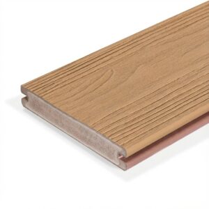 A close-up product image of the Eva-Last Eclipse Dockside Brown grooved deck board, showing its light brown tone and subtle woodgrain texture with a grooved edge designed for hidden fasteners.