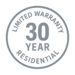 A circular gray badge that reads “Limited Warranty 30 Year Residential” surrounding the number 30 in bold. This icon represents Eva-Last Eclipse’s 30-year limited residential warranty, highlighting long-term protection and confidence in the product’s durability. It communicates that Eclipse composite decking is backed by extensive coverage for lasting performance.