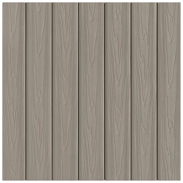 Fiberon Veranda Stone Gray decking swatch showing a soft, solid gray tone with a subtle woodgrain embossing. This image highlights the traditional color option available in the Veranda Builders Select collection.