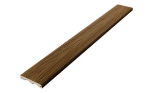 This image displays a single Veranda Timber Brown composite deck board with a grooved edge design. The board features a warm, medium-brown tone with a natural woodgrain texture. It highlights the durable, low-maintenance surface of the Veranda Builder’s Select collection.