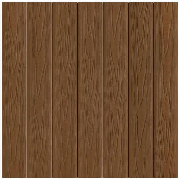 Fiberon Veranda Timber Brown decking swatch featuring a warm, medium brown solid color with realistic woodgrain embossing. This swatch represents one of the two classic tones in the Veranda Builders Select collection.