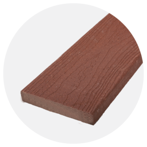 Close-up of an Envision EverGrain Redwood square-edge composite deck board showing its deep, non-repeating woodgrain pattern. The board displays a warm redwood-inspired color with subtle tonal variation and a matte finish. This profile is designed for traditional face fastening applications.