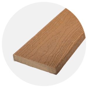 Close-up of a Weathered Wood composite deck board showing its square-edge profile and subtle woodgrain texture. The color blends light and medium brown tones with gentle variation, mimicking the appearance of naturally aged lumber. The surface finish appears low-sheen and uniform, designed for consistent performance and visual appeal.