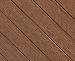 Close-up of Envision EverGrain composite decking in Weathered Wood, featuring soft brown and taupe hues with a naturally aged appearance. The deep grain pattern adds visual character while delivering a durable, splinter-resistant decking surface.