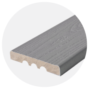 Close-up of an Envision Ridge Premium Alpine Fog square-edge composite deck board, showing the smooth, solid profile designed for face fastening. The light gray surface highlights compressed woodgrain detailing and a uniform edge, making it ideal for deck borders, stairs, and exposed applications.