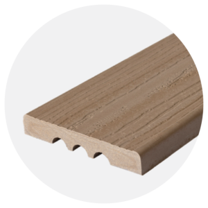 Close-up of Envision Ridge Premium composite decking in the Sandstone color, showcasing its soft tan tone and realistic wood-grain pattern. The square-edge board profile highlights clean edges designed for face fastening and detailed deck finishing. The textured surface adds a refined, natural look without the upkeep of traditional wood.