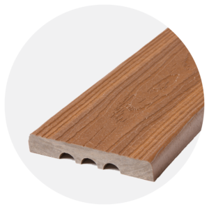 Close-up of Ridge Premium Vintage Oak composite decking board with a square edge profile, highlighting the realistic wood grain texture and warm brown color variation.