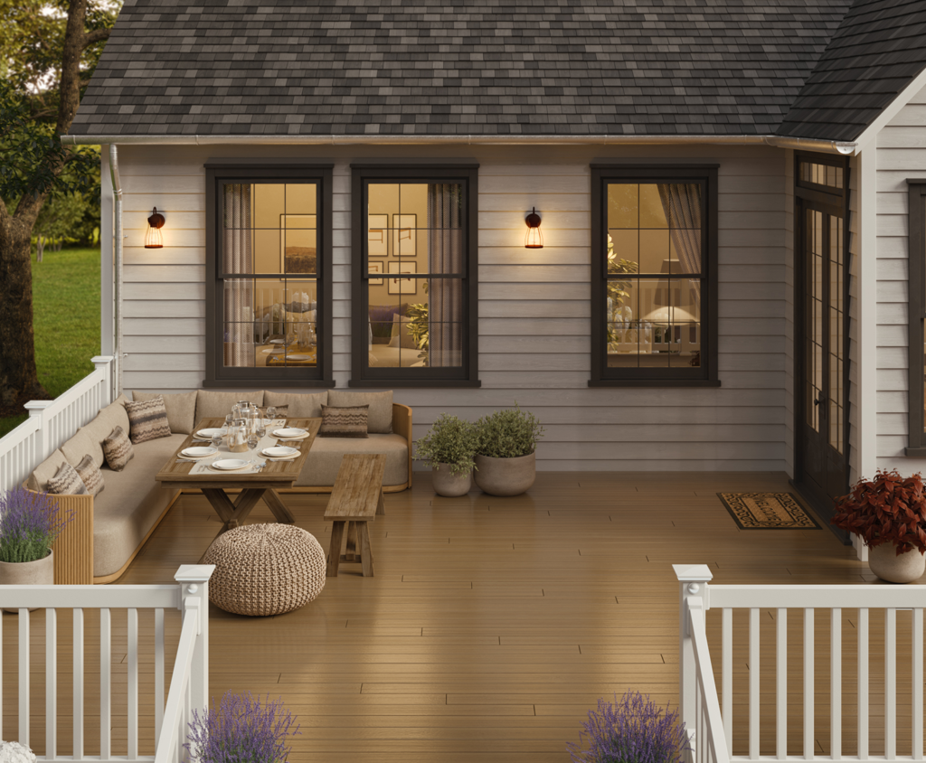 Envision Ridge Premium Baja Tide composite decking installed on a coastal-style porch, showcasing warm golden tones, subtle grain texture, and a smooth, low-sheen surface in a relaxed outdoor living setting.