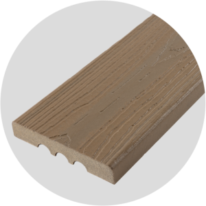 Close-up of a Ridge Premium Baja Tide composite decking board with a square-edge profile, highlighting warm golden tones inspired by coastal sand and a softly defined woodgrain texture. The balanced color blend creates a bright yet natural appearance suited for exposed edges, borders, and stair applications where face fastening is required.