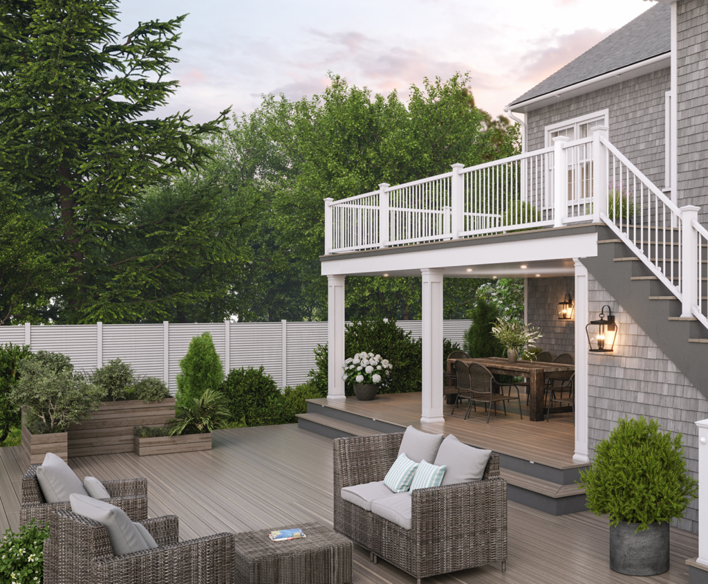 Envision Ridge Premium Kodiak Bay composite decking installed on a multi-level backyard deck, showcasing deep gray-brown tones, layered woodgrain texture, and a smooth, low-sheen surface in a refined outdoor living space.