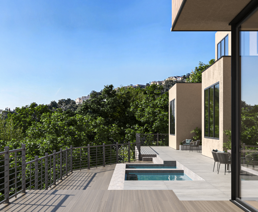 Envision Ridge Premium Silver Drift composite decking installed on a modern poolside deck, featuring soft seaside gray tones, refined woodgrain texture, and a smooth, low-sheen surface in a contemporary outdoor living space.