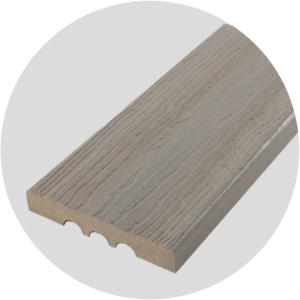 Close-up of a Ridge Premium Silver Drift composite decking board with a square-edge profile, highlighting soft seaside gray tones and a finely layered woodgrain texture inspired by weathered boardwalk planks. The balanced coloration and low-sheen surface create a clean, coastal look ideal for exposed edges, borders, and stair applications requiring face fastening.