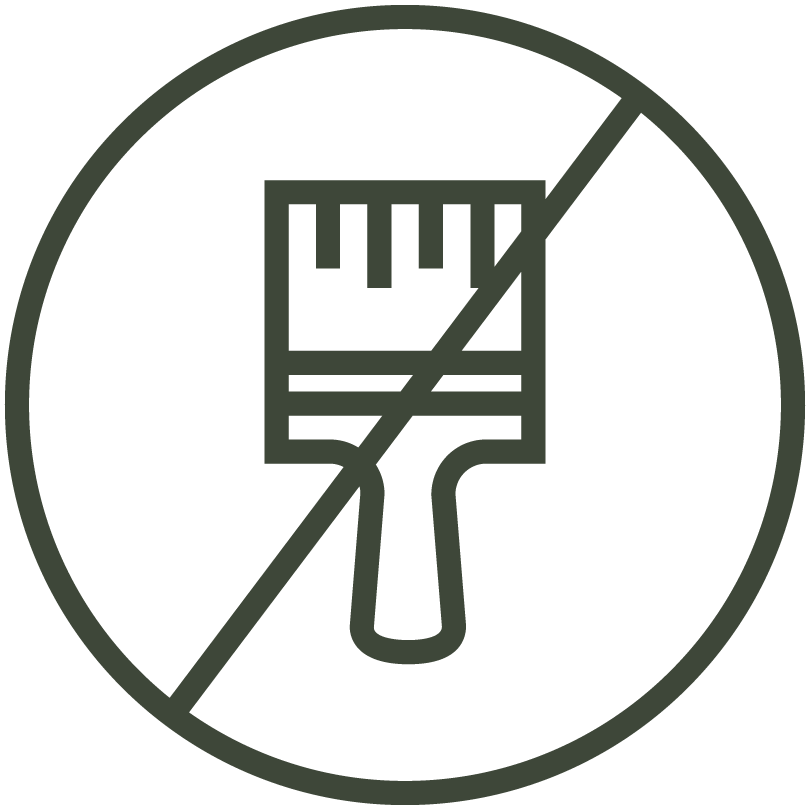 Fiberon Novus decking low-maintenance icon featuring a crossed-out paintbrush symbol, representing no staining, sealing, or painting required.