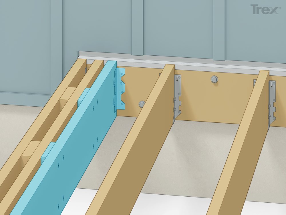 Trex deck framing detail showing joists connected to the ledger board with joist hangers. The image focuses on correct joist distance for composite decking and structural attachment to the home foundation.