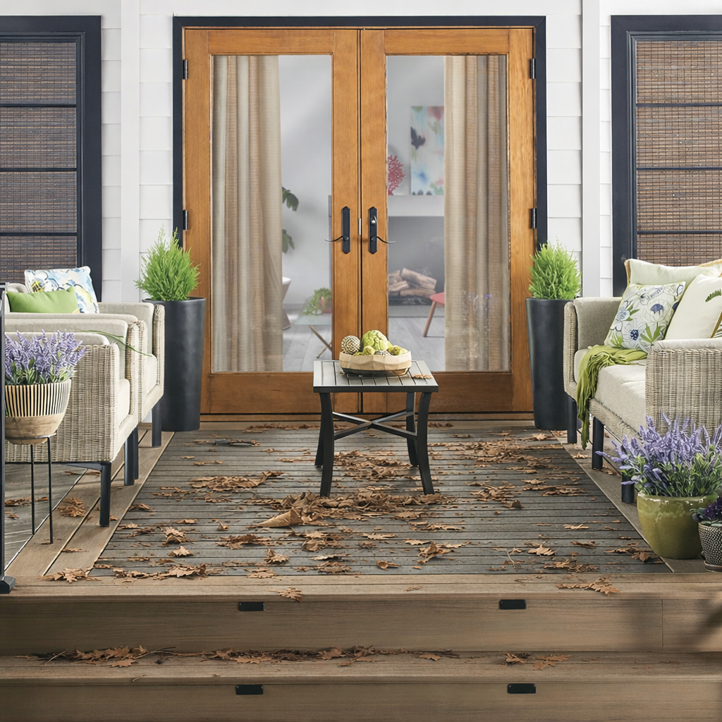 Everyday debris on deck surface showing need to clean wolf decking properly