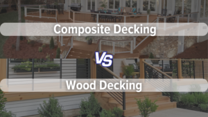 Composite decking vs wood decking comparison graphic showing two outdoor decks. The top image features a large composite deck with modern railings and outdoor seating, while the bottom image shows a natural wood deck with stairs and black metal railing. The graphic highlights the comparison between composite decking and traditional wood decking.