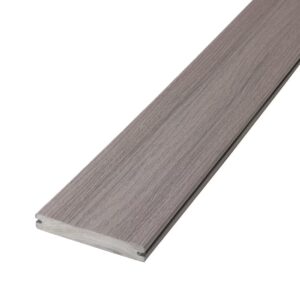 Deckorators Pioneer Lakeview Grey decking board with grooved edge profile, showing a light grey color with natural grain variation for hidden fastener installation.