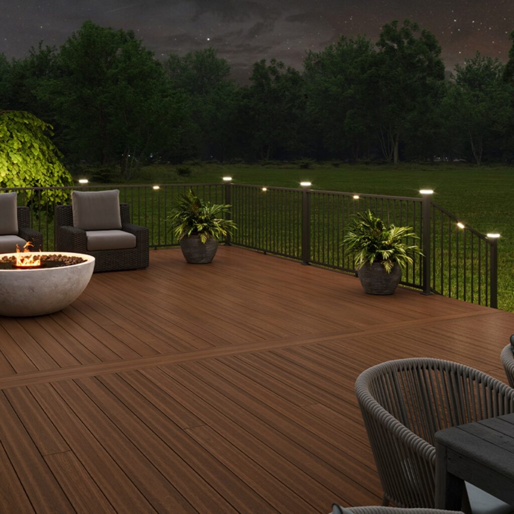 Daisy-chain LED deck lighting systems from Envision, featuring flush pin lights for rapid installation during the Chicago build season.