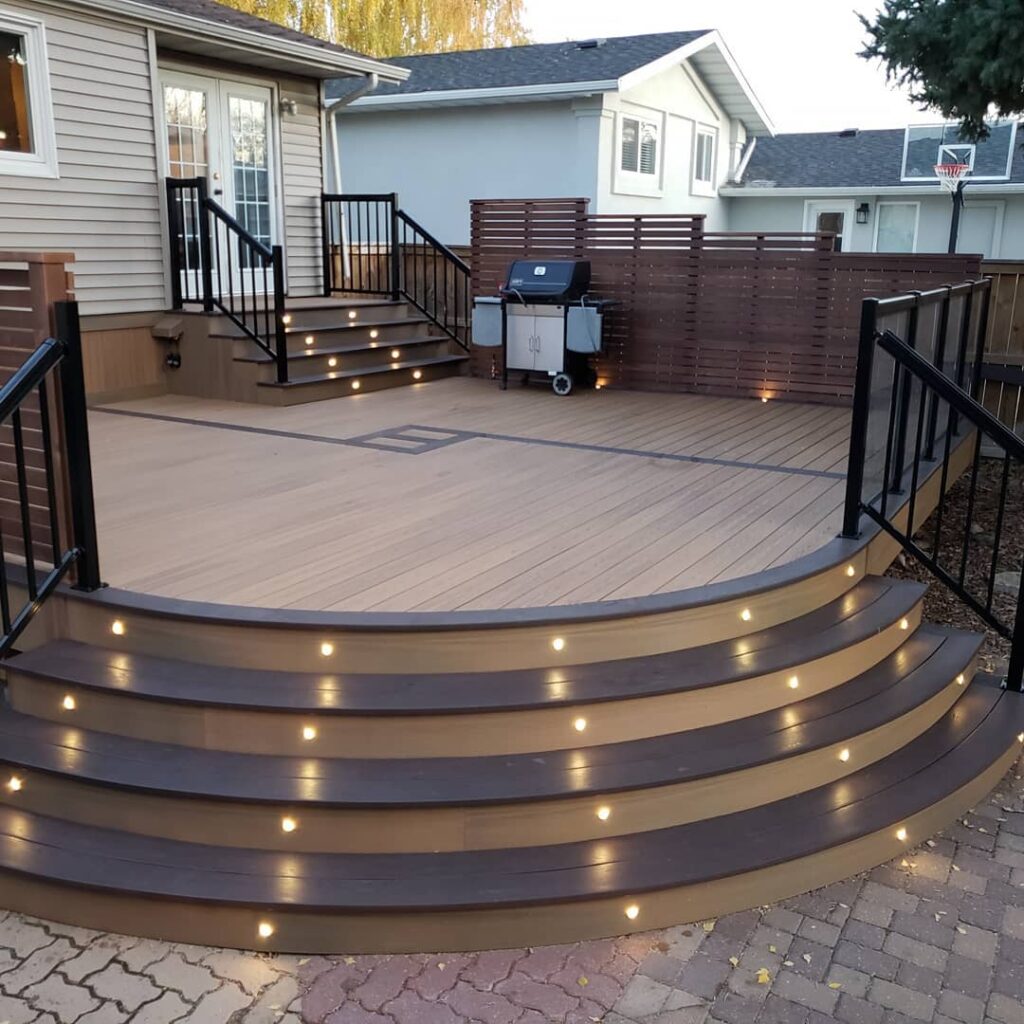 Rust-free powder-coated aluminum Fiberon deck lights featuring photoelectric timers for Midwest seasonal transitions.