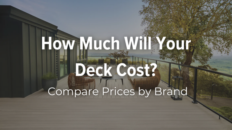 Modern outdoor deck with railing and seating overlooking a scenic view, illustrating deck cost comparison by brand for different materials and designs
