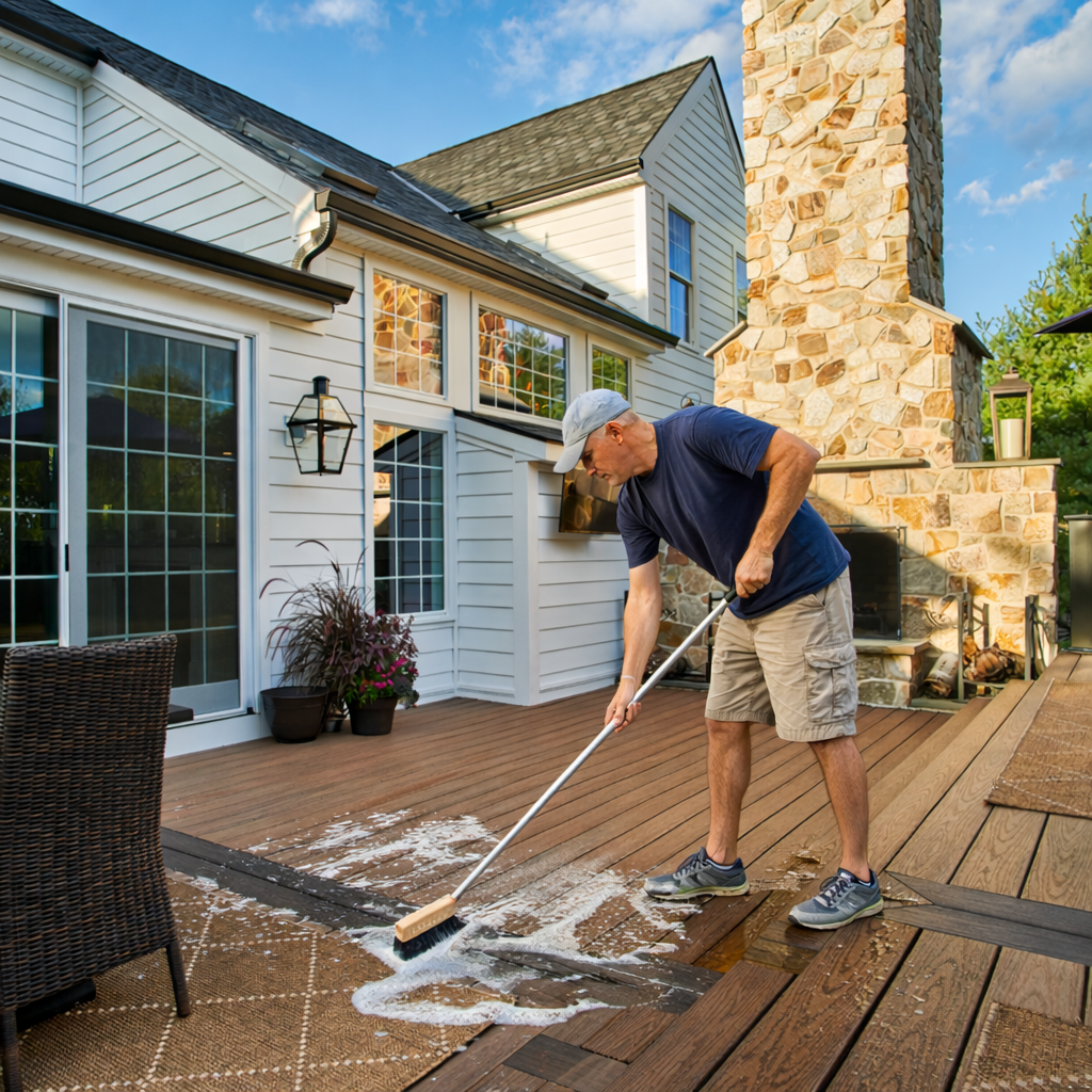 Safely pressure washing MoistureShield decking with a 1300 PSI fan-tip nozzle.
