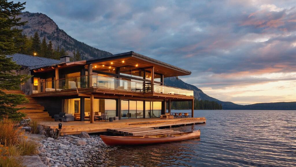 Trex vs Lumberock decking example of a waterfront composite deck built directly along a lake shoreline