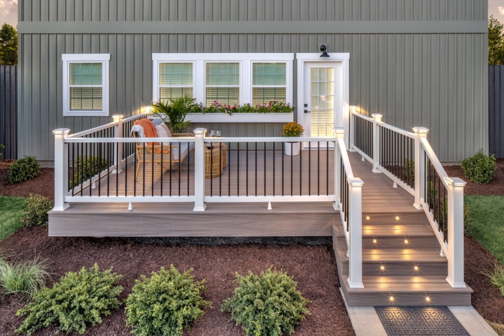 Moisture-resistant integrated Trex LED deck lighting, including riser and tread lights, engineered to withstand Lake Michigan humidity.