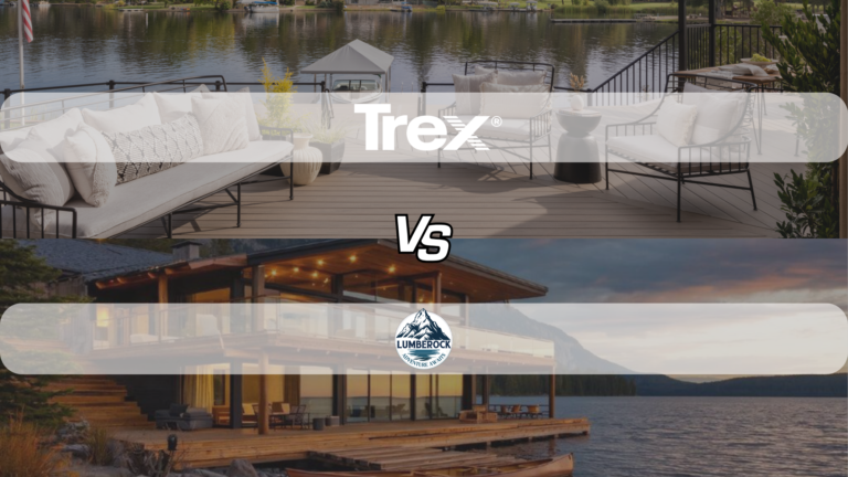 Trex vs Lumberock decking comparison image showing two waterfront composite decks side by side