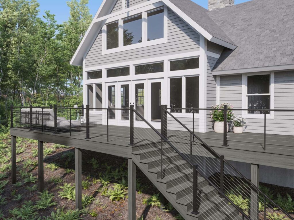 Deckorators cable deck railing with horizontal cable infill and black aluminum posts, designed to maximize views with a sleek modern appearance.
