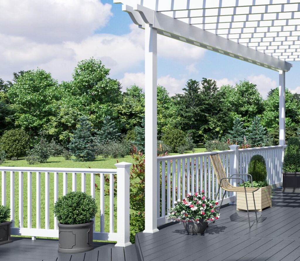 Envision Designer vinyl deck railing in white with vertical balusters, offering a low-maintenance, durable railing solution for traditional outdoor spaces.