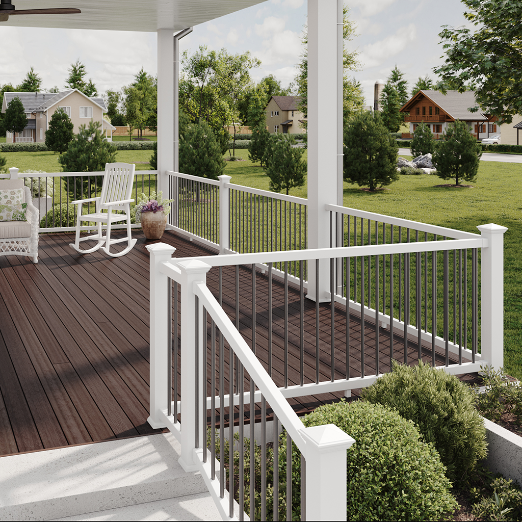 Envision Modern vinyl deck railing featuring white posts and dark metal balusters, blending traditional structure with a modern railing design.