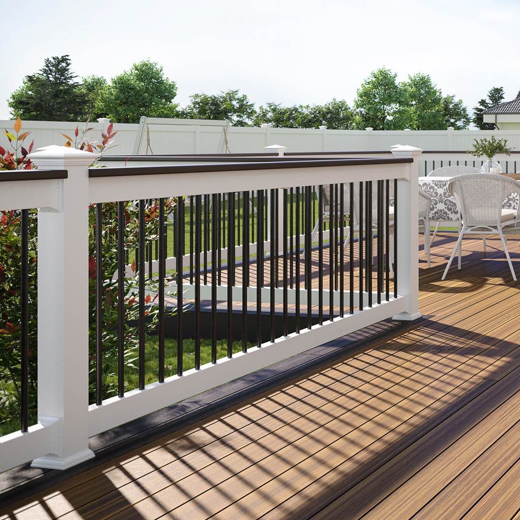 Envision Modern XL vinyl deck railing with wider top and bottom rails and black balusters, offering a bold, durable railing system for outdoor decks.