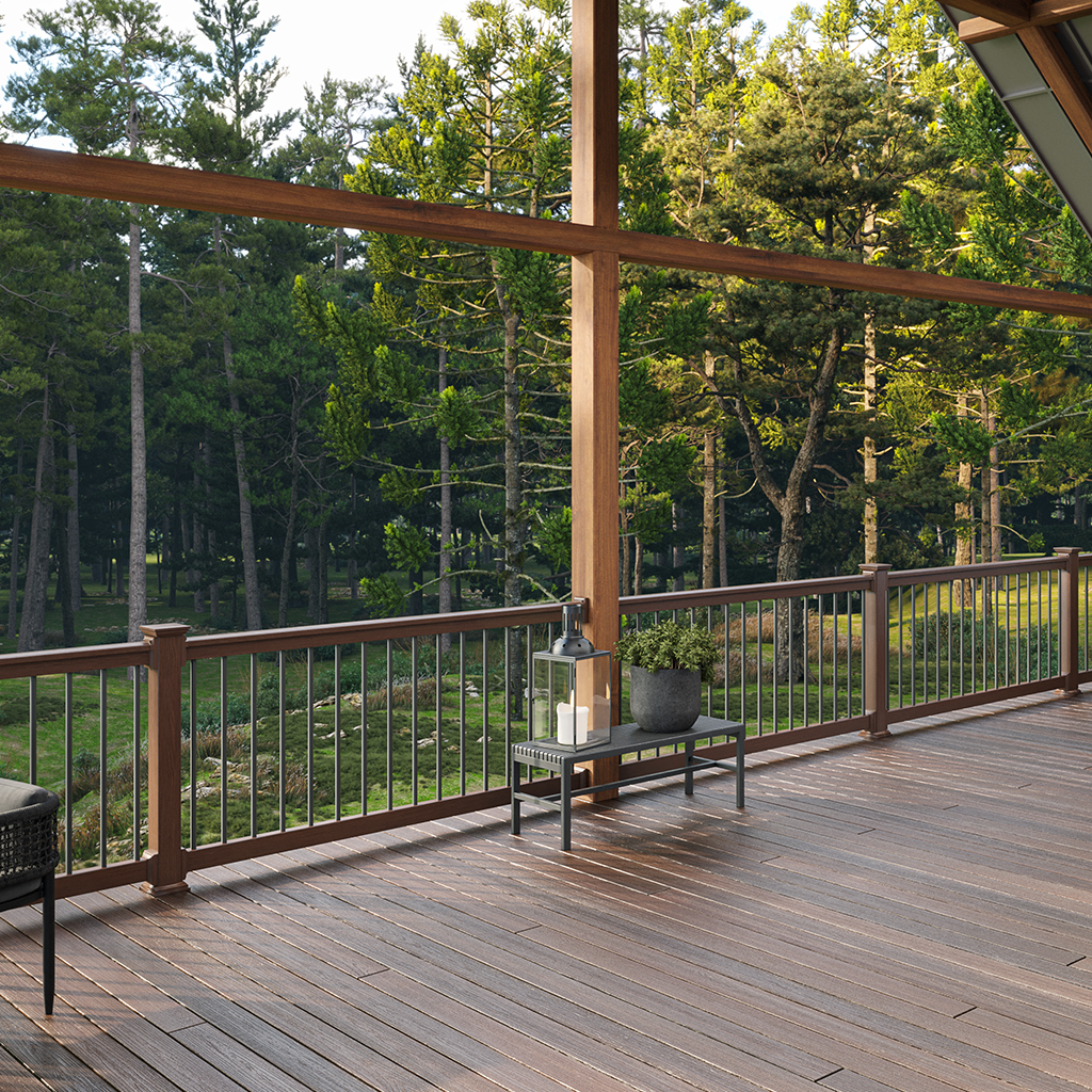 Envision TimberLux traditional vinyl deck railing in white with aluminum-reinforced structure and vertical balusters, designed for strength and long-term durability.