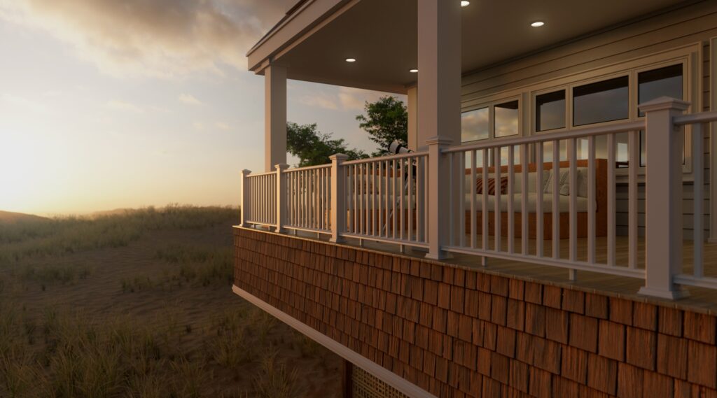 Fiberon Brio composite deck railing in white with a flat drink rail, designed for modern outdoor spaces with durable and low-maintenance performance.