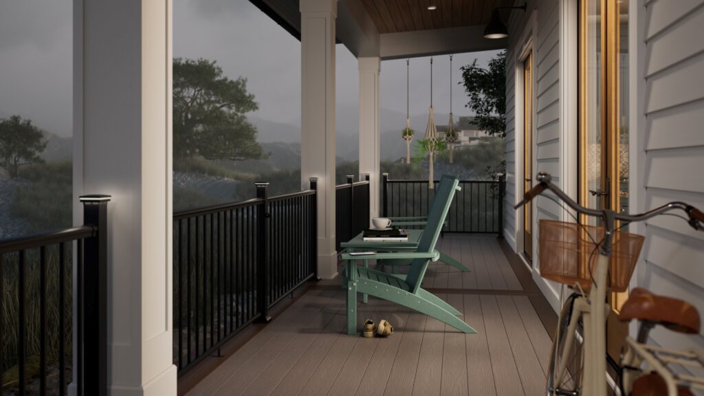 Fiberon CitySide aluminum deck railing in black with slim vertical balusters, providing modern design, durability, and unobstructed outdoor views.