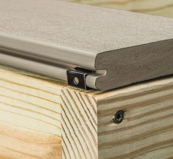 Fiberon STARTER clip securing the first perimeter board to the rim joist