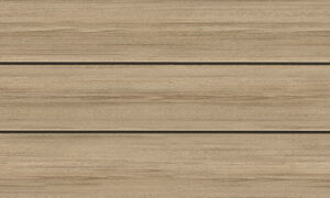 MoistureShield Stratos Mykonos decking boards with light warm beige tones and realistic wood grain, composite enhanced PVC decking built for strength and cooler surface performance.