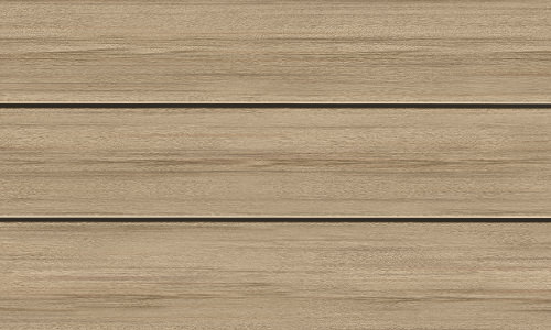 MoistureShield Stratos Mykonos decking boards with light warm beige tones and realistic wood grain, composite enhanced PVC decking built for strength and cooler surface performance.