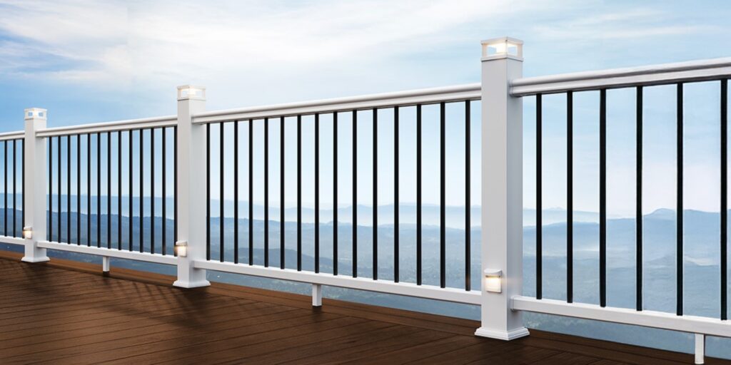 TimberTech Advantage Rail composite deck railing with classic balusters installed on outdoor deck.
