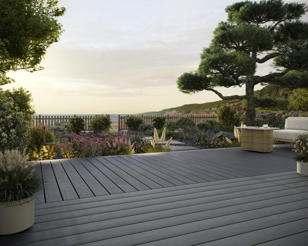 Trex decking porch with white railing and columns overlooking a scenic view, showcasing low-maintenance outdoor living in Downers Grove.
