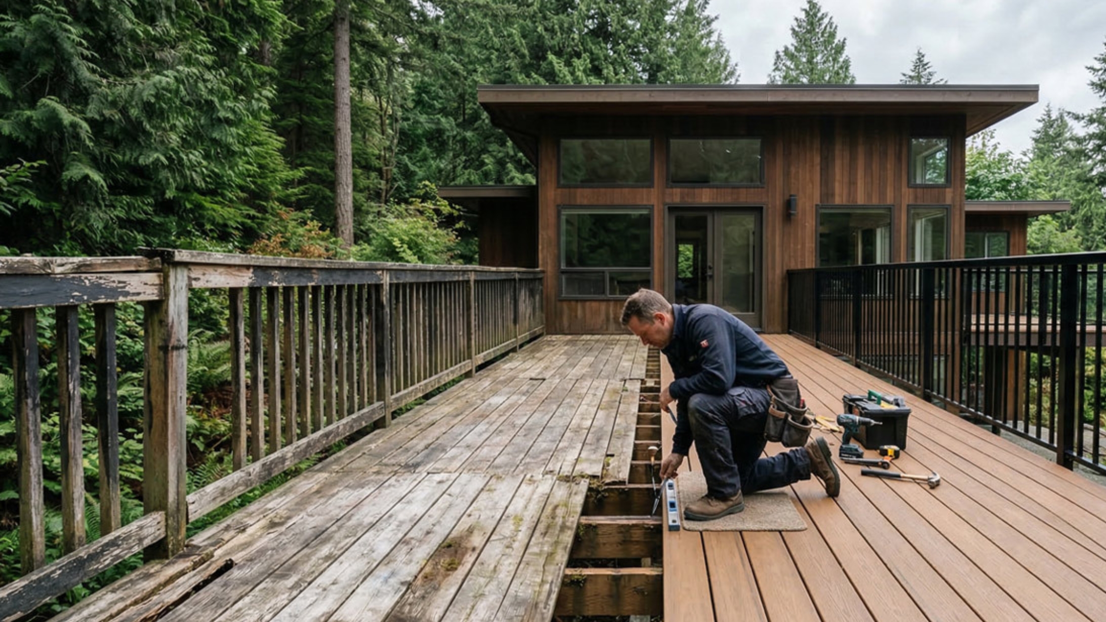 Contractor replacing old weathered wood deck boards with new composite decking during a partial deck replacement project.