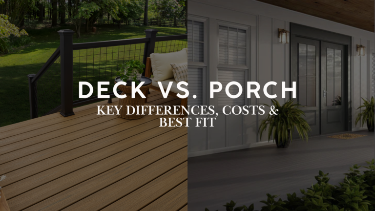 Deck vs porch key differences, costs and best fit: side-by-side comparison showing an open-air composite deck on the left and a covered front porch on the right
