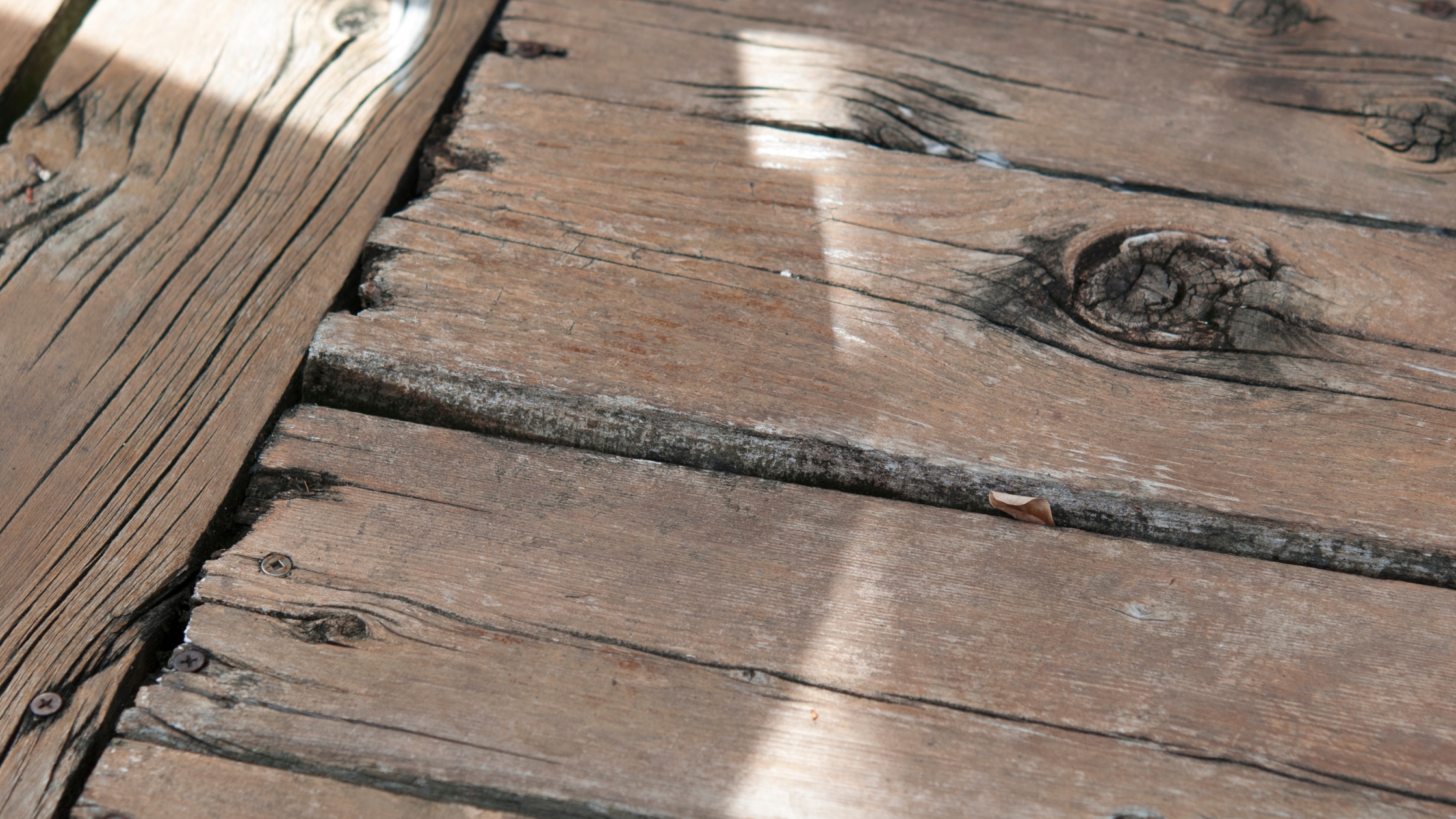 Close-up of weathered and cracked wood deck boards with visible warping and gaps between planks indicating deck repair or replacement is needed.
