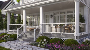 What is a fascia board on a deck — white fascia boards finishing the perimeter of a front porch deck with steps, black metal railing, and landscaped garden beds