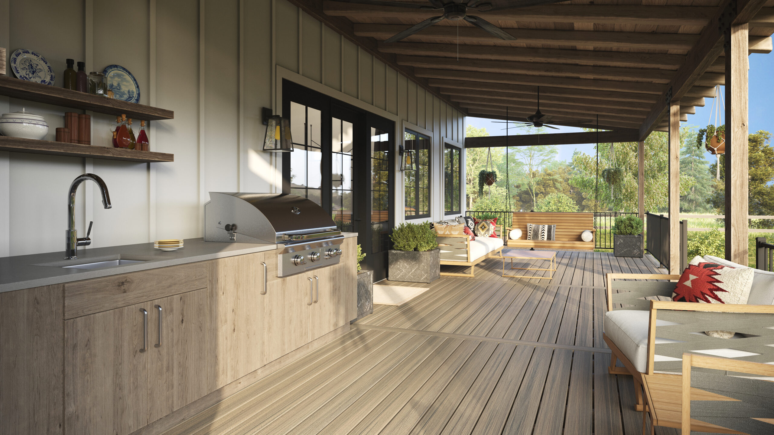 decks vs docks – covered composite deck with outdoor kitchen, grill, and lounge seating