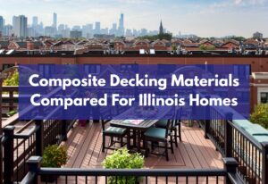 Composite decking on a Chicago rooftop deck with picture-frame border, black railing, and dining set overlooking the skyline.