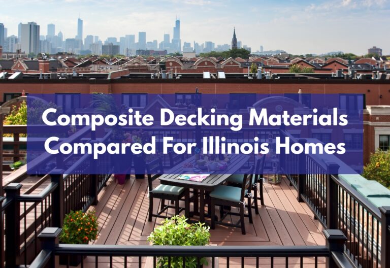 Composite decking on a Chicago rooftop deck with picture-frame border, black railing, and dining set overlooking the skyline.