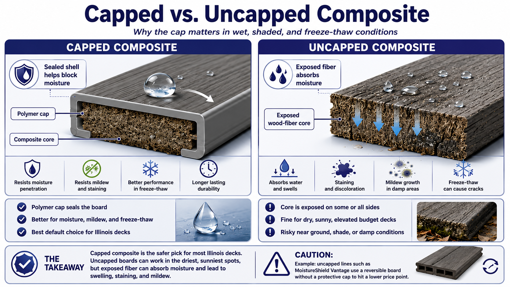 Decision tree matching deck conditions to composite decking materials: capped composite, mineral-based, PVC, and ground-rated boards.